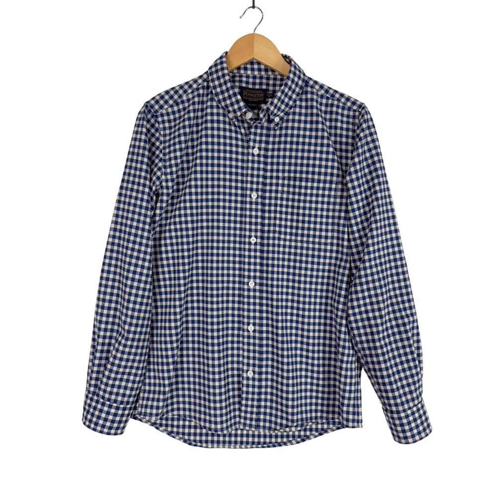 Pendleton Button Down Shirt Mens M Blue White Gingham Fitted Virgin Wool Stretch